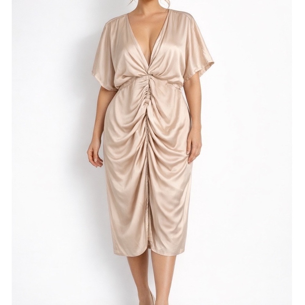 NWT Aakaa Satin Ruched Midi Dress‎ Sheath V Neck Champagne Beige Lined Draped L